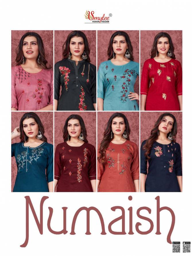 Smylee Numaish Designers Latest Fancy Festive Wear Heavy Silky Weaving Embroidery  Kurti Collection

